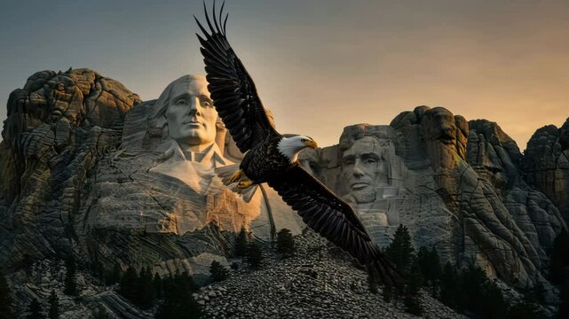 A bald eagle soars above Mount Rushmore during a dramatic sunset, symbolizing American freedom and strength.