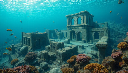  Submerged ancient ruins resting on the seafloor. 