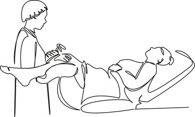 One continuous single drawing line art flat doodle medicine, consultation, woman, doctor, gynecology, examination. Isolated image hand draw contour on a white background, hand drawn, not AI