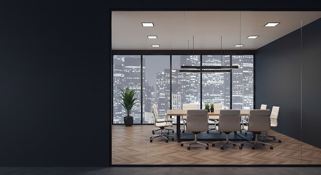 Modern black wall mockup in office with wooden floor and conference room featuring sleek black chairs, a round wooden table, and floor-to-ceiling meeting room visible through glass wall on right side 