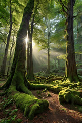 Naklejka premium Lush Forest Scene with Sunlight and Moss