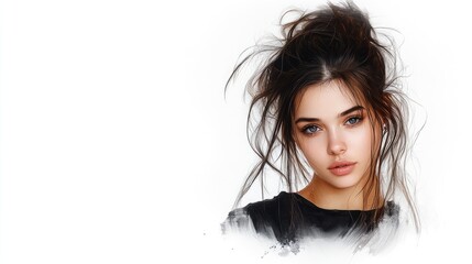 Watercolor portrait of a young woman with a dreamy, melancholic expression on an absolutely white background.