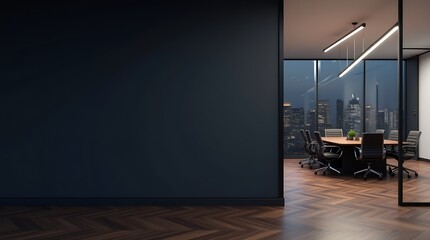 Modern black wall mockup in office with wooden floor and conference room featuring sleek black chairs, a round wooden table, and floor-to-ceiling meeting room visible through glass wall on right side 