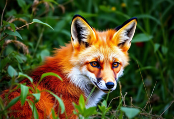 Obraz premium A red fox looking alert in tall green grass.