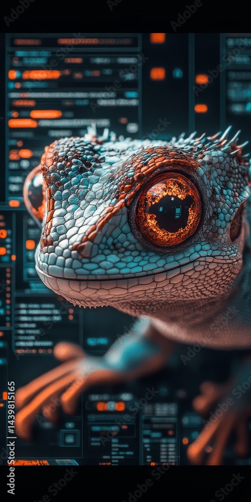 Poster lizard on keyboard reptile immersed in a world of programming code and digital technology