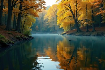 Obraz premium Calm water surface reflecting trees, ripple patterns , art, reflection