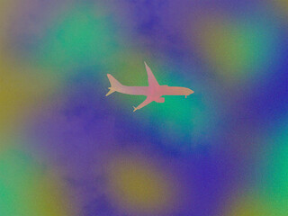 Naklejka premium A pink plane silhouette soars against a textured, colorful backdrop. The image features a vibrant gradient of colors, creating an abstract aesthetic.