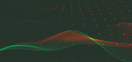 Abstract background with dynamic colorful wave. Futuristic dotted wave of bright particles. Colorful background for presentation design. Wide format vector illustration. Plexus effect