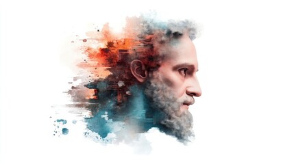 Fototapeta premium Watercolor portrait of an ancient Greek philosopher with a thoughtful expression on an absolutely white background.