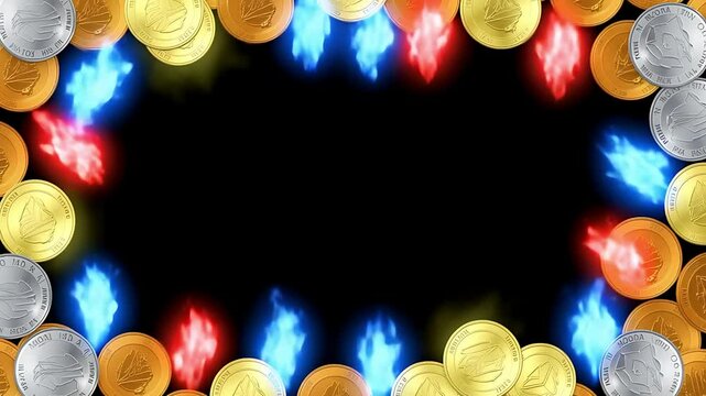 Gold and silver coins with red and blue flames frame a dark empty center space