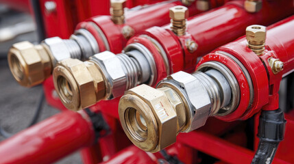 Hydraulic pipe fittings with brass connectors and red hydraulic lines showcase industrial engineering precision