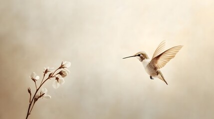 Hummingbird in Flight Near Blossoming Branch with Soft Background