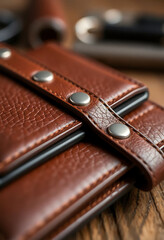 brown leather wallet sitting on top of a wooden table