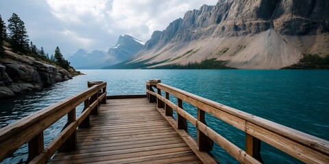 Obraz premium Peaceful Lakeside Dock at Mountain Lake, Calm, Relaxing Scenery