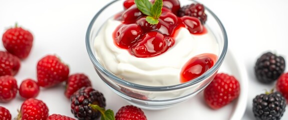 Glass bowl filled with creamy yogurt topped with vibrant red berry jam, isolated on white, still life, smoothie