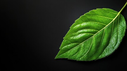 Fototapeta premium This close-up photograph showcases a vibrant green leaf resting on a sleek black background, highlighting the intricate textures and details of its surface.
