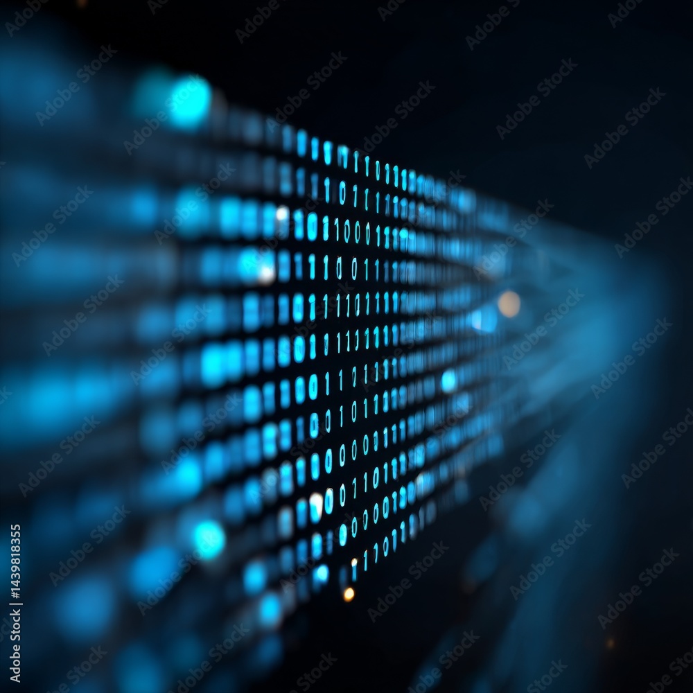 Poster Binary Code Stream: A Digital Data Flow with Blurred Light Effects in Abstract Design