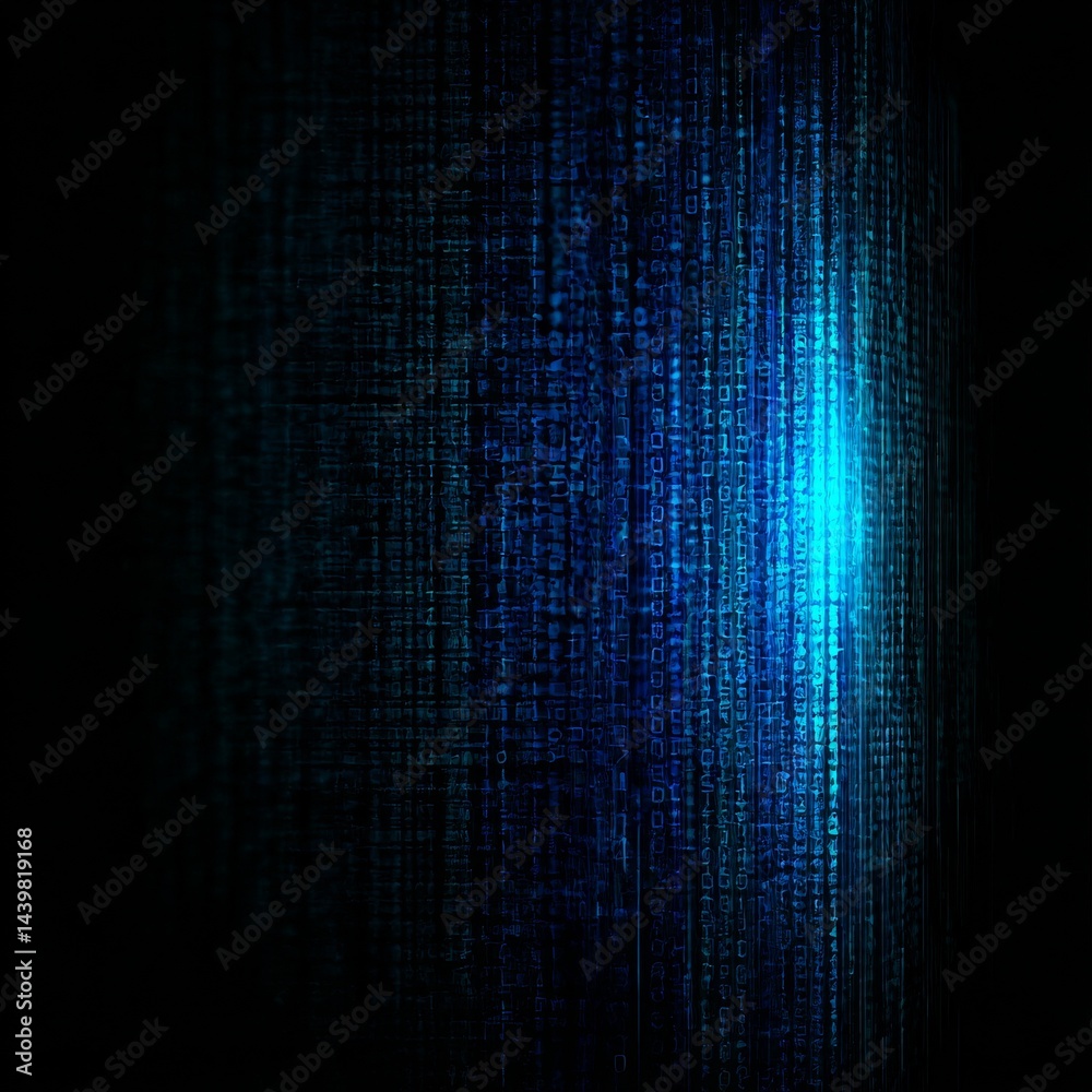 Poster Digital Blue Stream: Abstract Binary Code Cascading in the Dark, High-Tech Futuristic Background