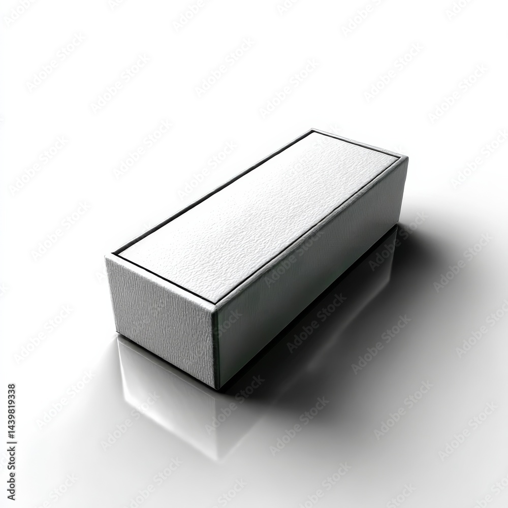 Poster elegant white rectangular box: minimalist presentation on glossy surface with subtle shadow and fine