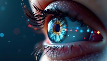 Macro shot of eye with tech interface overlay illustrating cyborg concept, interface, close up, cyborg