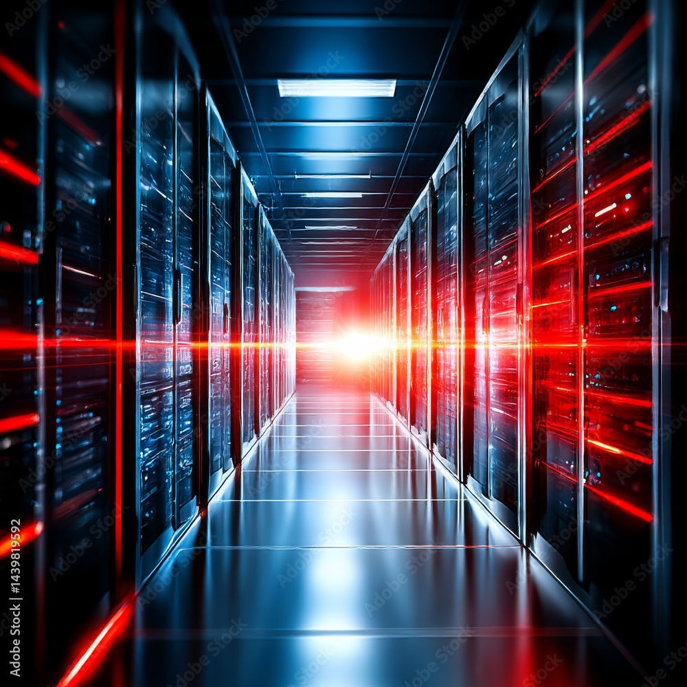 Leinwandbilder illuminated data center: a corridor of servers with flashing red and blue lights showcasing computin