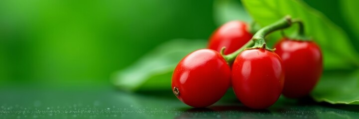 Macro shot of red goji berry against green background, natural, snack, botanical