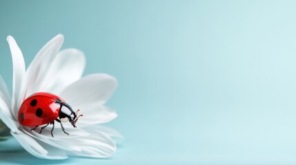 Obraz premium A charming ladybug positioned on an elegant white blossom, celebrating nature’s artistry and the interaction between insects and flora in a serene setting full of life.