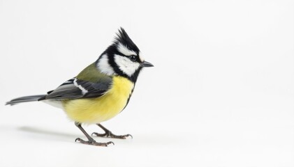 Fototapeta premium Small crested tit, sharp focus, pure white backdrop , songbird, woodland