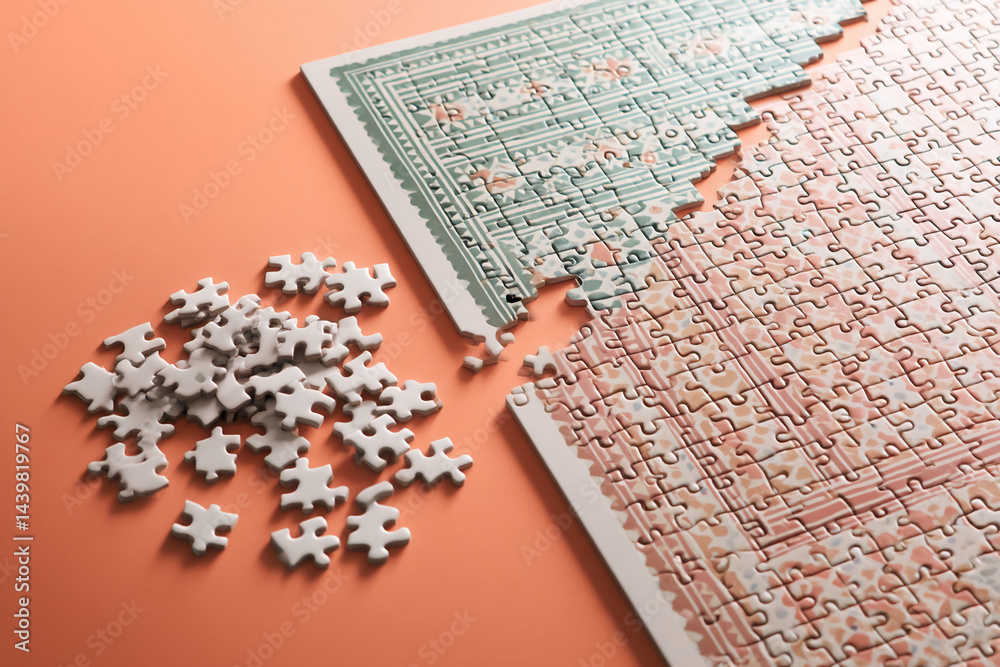 Aufkleber Partial jigsaw puzzle on peach background, showcasing incomplete image with floral pattern, symbolizing process, challenge, and problem-solving