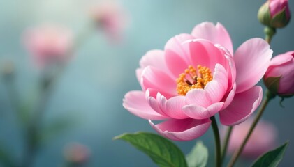 Fototapeta premium Dreamy pastel pink peony, delicately blurred, abstract floral scene, blurred petals, macro, spring