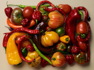 pile of tomatoes and different peppers isolated on white background
