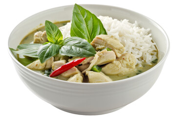 Authentic Thai Green Curry Chicken Dish Isolated On White Background