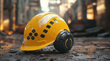 Yellow safety helmet with headphones on rubble