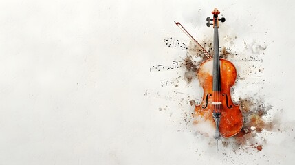 Artistic Violin Image with Musical Notes and Colorful Brush Strokes on White Background