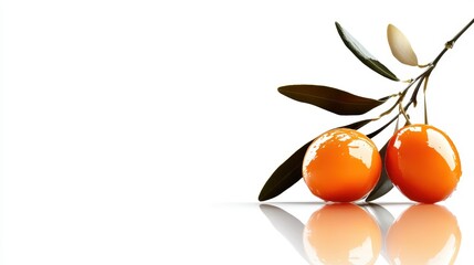 A pair of vibrant orange olives on a reflective surface, set against olive branches, illustrating the beautiful aesthetics of Mediterranean produce and nature's color palette.