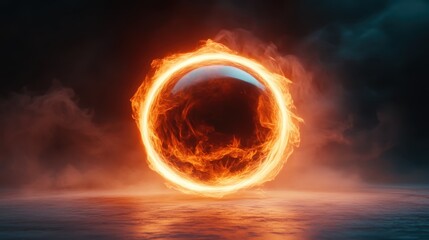A dramatic depiction of a fiery orb illuminated by flames, creating a powerful visual statement that evokes feelings of intensity and strength in the viewer.
