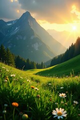 Fototapeta premium Golden light bathes mountain pasture, dew-kissed grass glows , travel, vibrant, morning