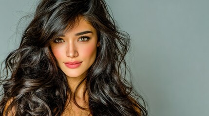 Fototapeta premium Brunette with wavy hair, gazing at the viewer. Pretty face