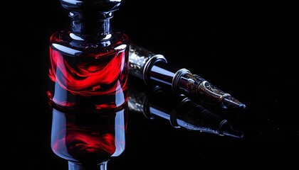 An elegant fountain pen lies next to a detailed ink bottle