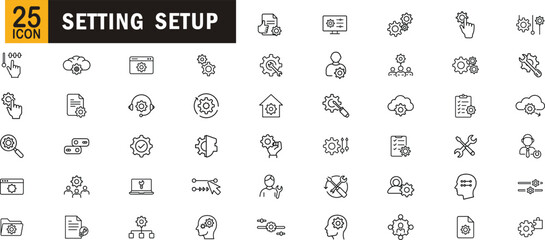 Setting setup editable outline icon set. Gear configuration cloud optimization system tools process and more.