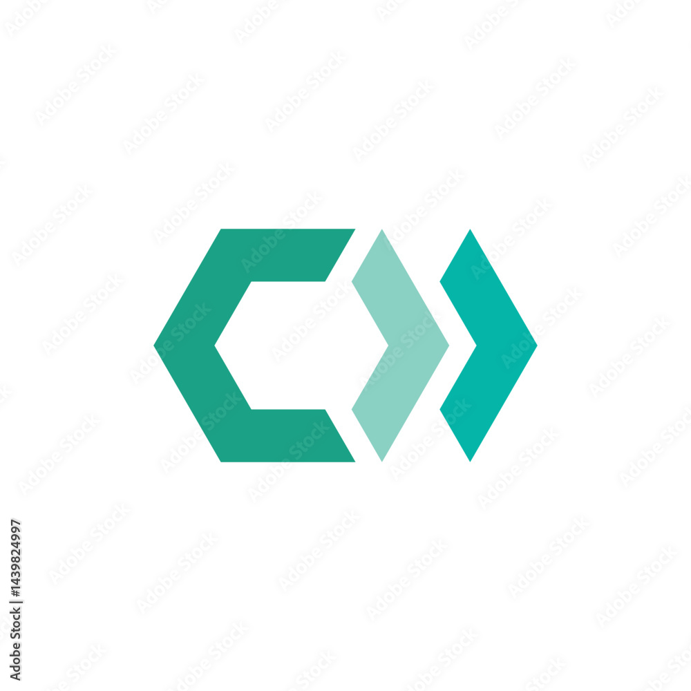 Poster this is a geometric logo design of a letter C in hexagonal shape with two arrowheads facing right