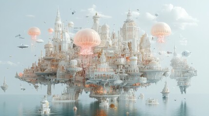 Intricate Floating City with Jellyfish and Soft Clouds Above Water