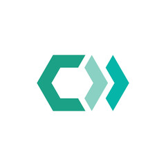 this is a geometric logo design of a letter C in hexagonal shape with two arrowheads facing right