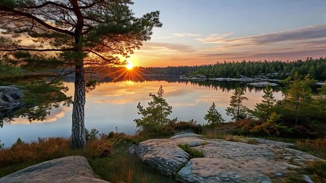 Sunrise over lake with pine trees and rocks