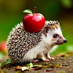 Fototapeta premium The little hedgehog has an apple on his back