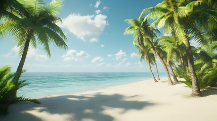 Obraz premium Serene Tropical Beach: Palm Trees White Sand and Azure Waters