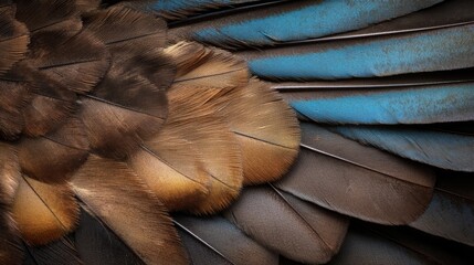 Close-Up View of Colorful Bird Feathers with Intricate Textures