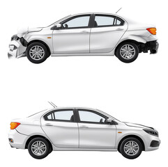 Side view comparison of a white car showing undamaged and crashed conditions.