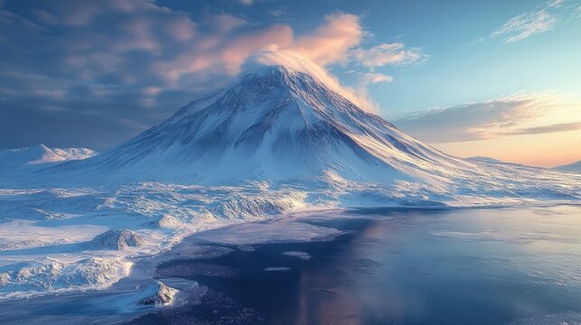 Majestic snow-capped mountain landscape with icy lake under colorful sunset sky and calm winter environment showcasing natural wilderness and outdoor scenery