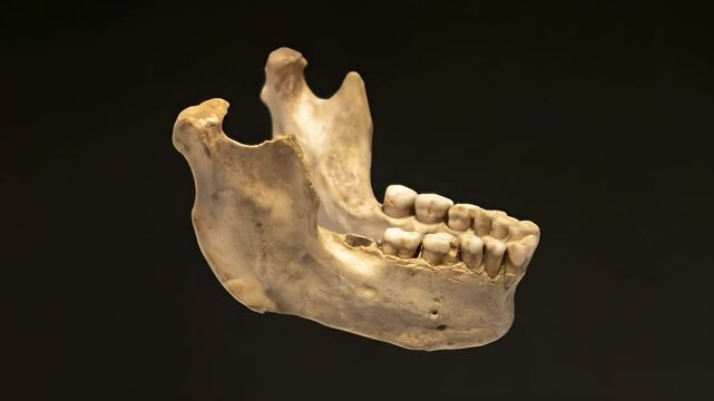 Antique human jawbone specimen on a dark background, indicative of archaeological interest or museum exhibition. Neanderthal bones have been found in Malaga in the Cave of Boquete de Zafarraya